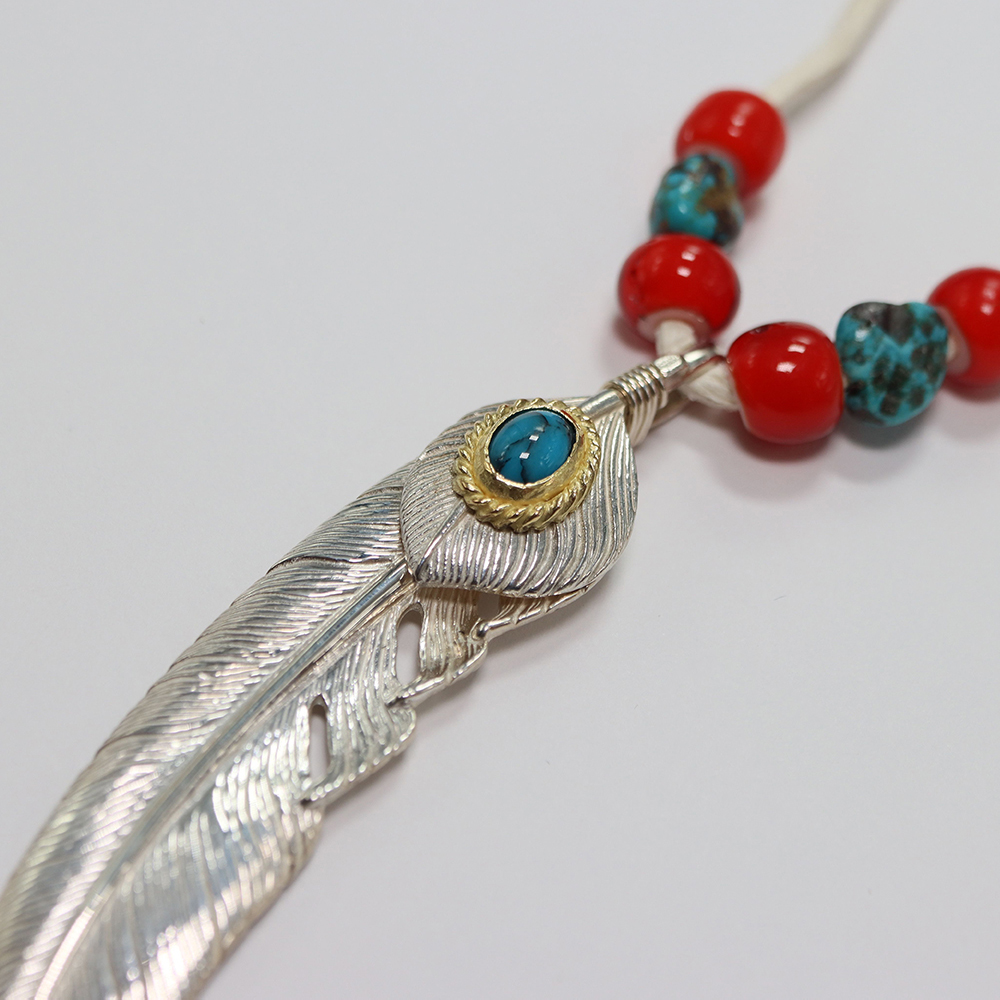 美品　上金金縄ターコイズGPロングホーンフェザーL(スパイダーターコイズ) TADY&KING全金フェザーハートK18金縄ターコイズ特大サイズ